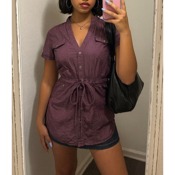 2010s Guess Soft Boho Drawstring Waist Purple Button Down Shirt Medium - Picture 1 of 8